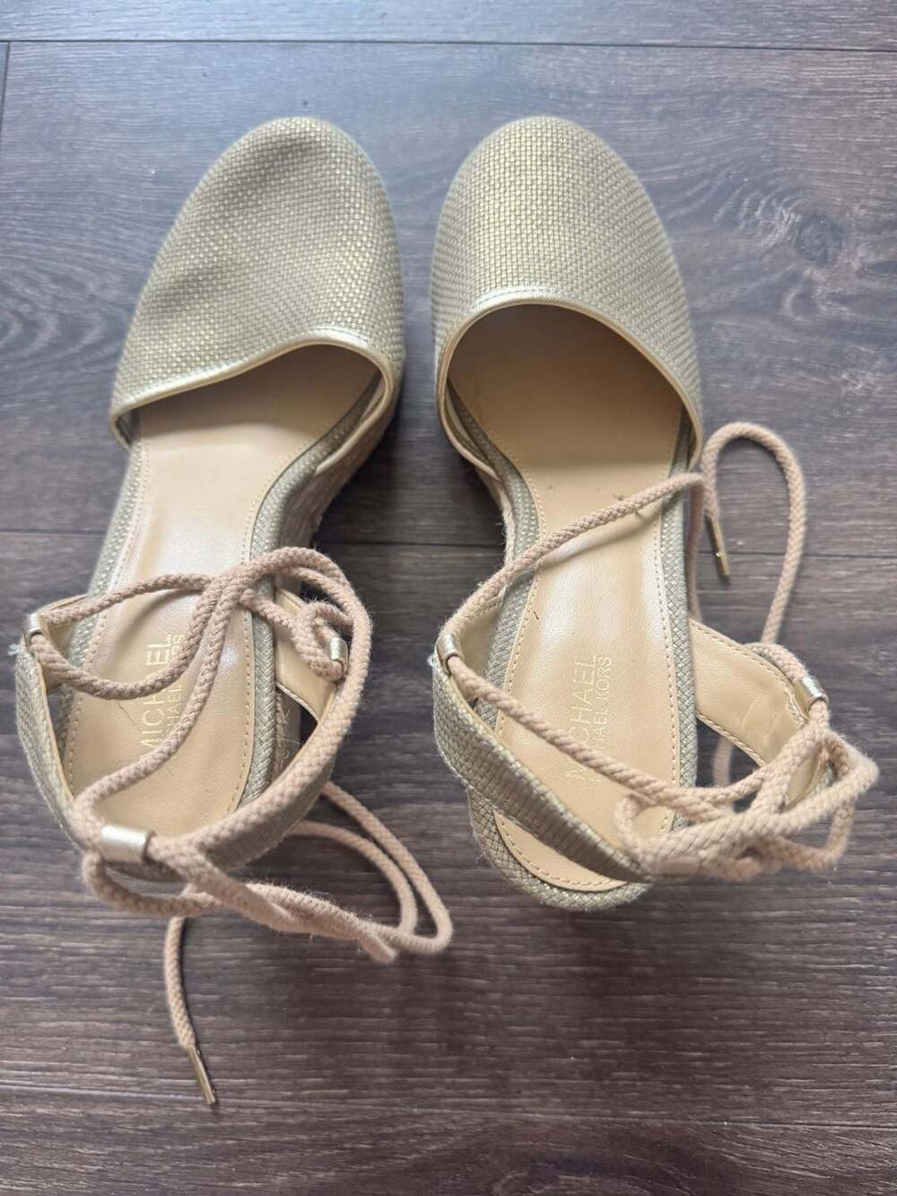 Michael Kors Gold Wedge Espadrille Sandals with Ankle Tie Size 7M